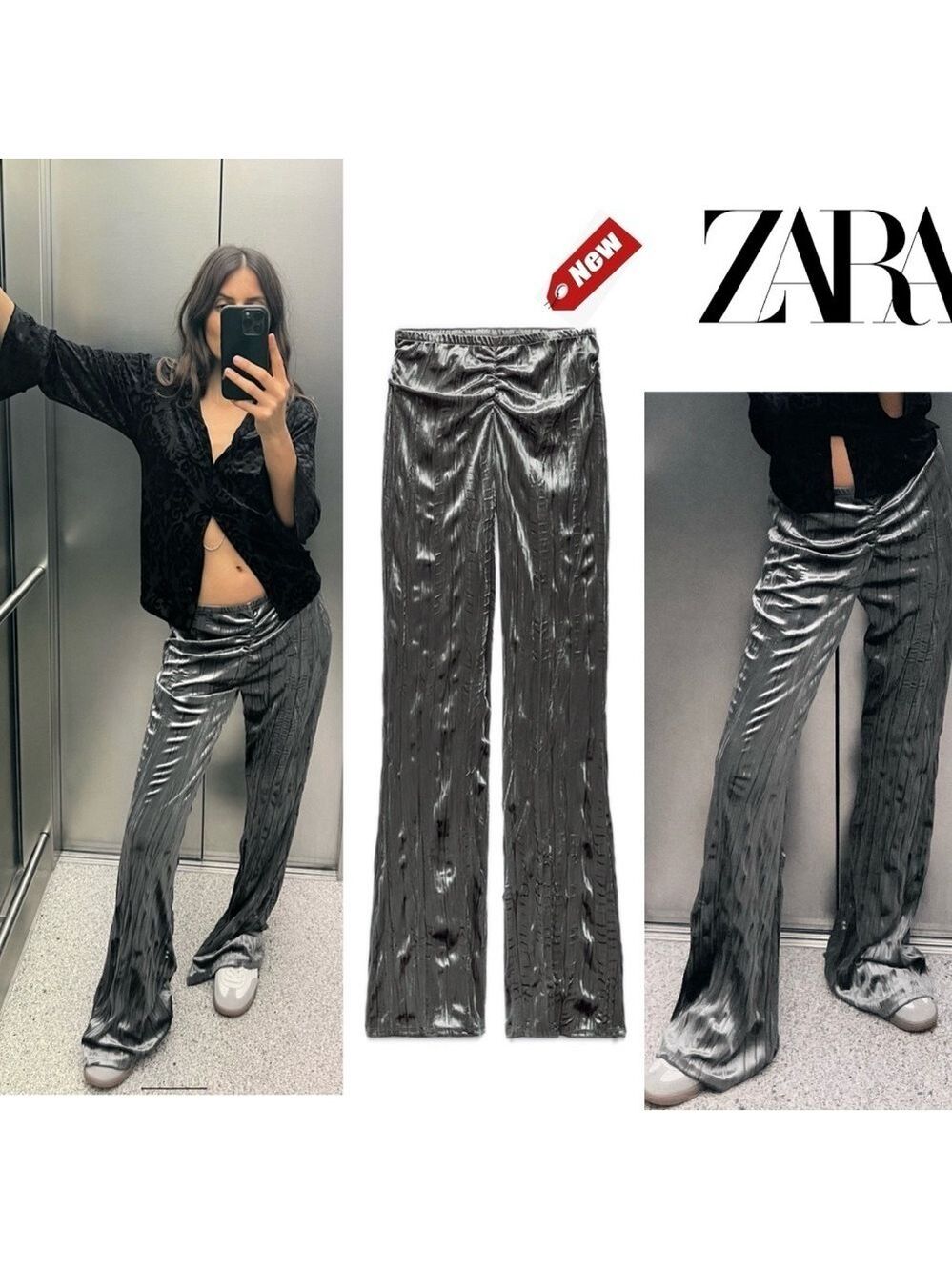 ZARA FESTIVE DAYS WRINKLE LOOK VELVET FLARED LEGGINGS PANTS GRAY Sz L NWT
